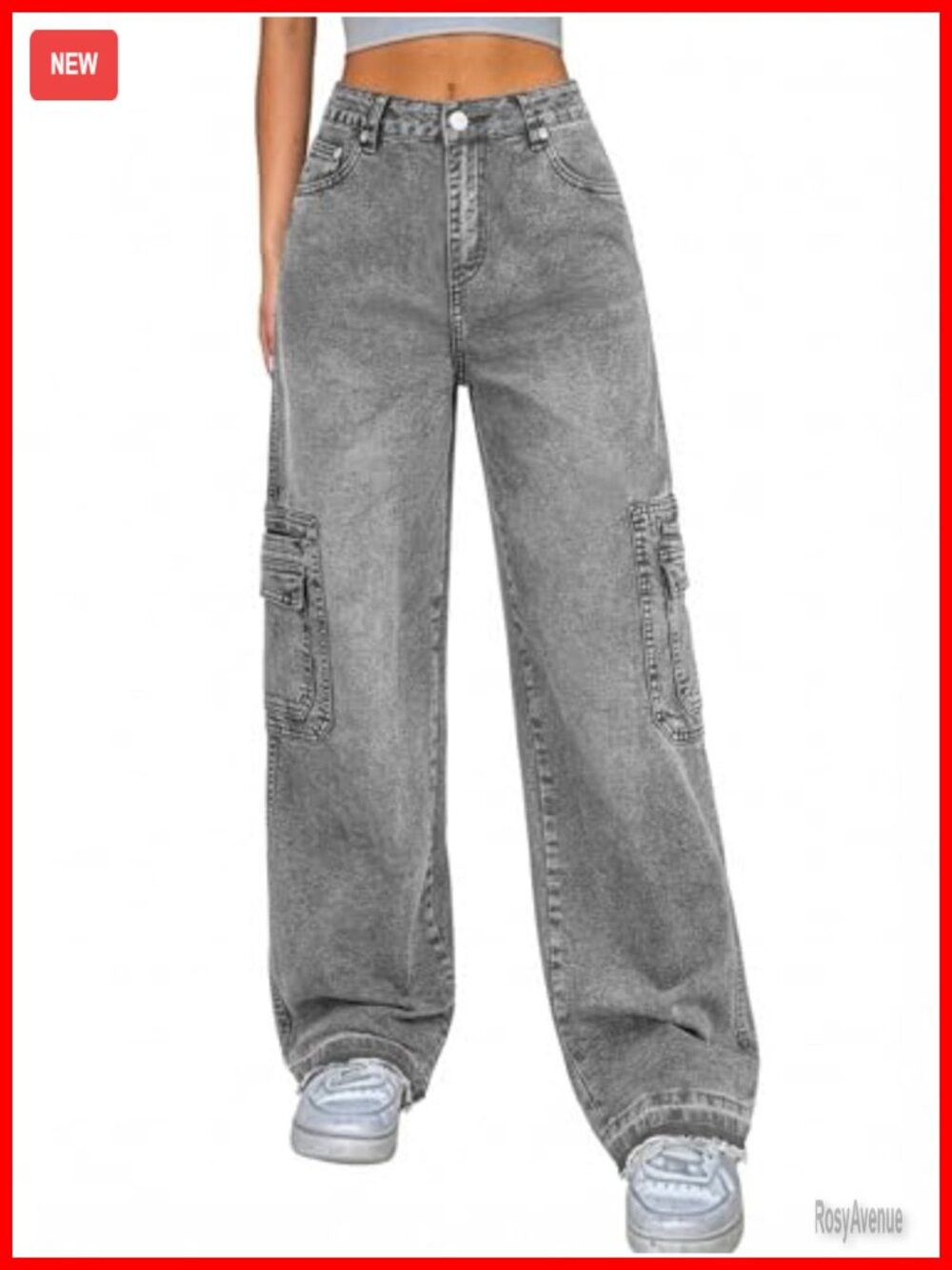 Women's Cargo Jeans Low Stretch High Rise Wide Leg Baggy Denim Pants